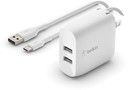 Belkin Dual USB-A Wall Charger 24W w/USB-C cable, White