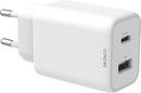 DELTACO USB wall charger, 1x USB-A 18 W, 1x USB-C PD 30 W, PPS, white