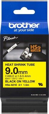 Brother HSe-221E Heat Shrink Tube Tape Black on Yellow 9 mm wide
