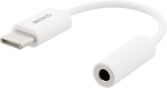 DELTACO USB-C till 3,5 mm adapter, stereo, passiv, 9 cm, vit