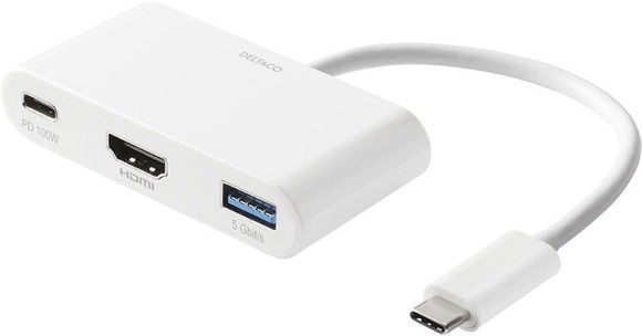 DELTACO USB-C till HDMI/USB A adapter, 4K 30Hz, USB-C PD 3.0 100W, vit