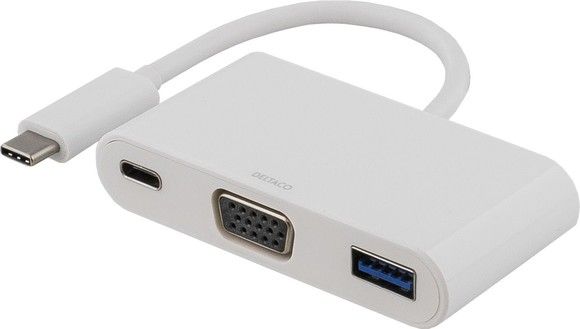 DELTACO USB-C till VGA och USB Typ A adapter, USB-C ho, 60W, vit