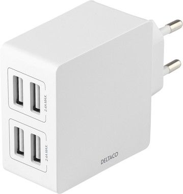 DELTACO USB wall charger, 4x USB-A, 2,4 A, total 24 W, white