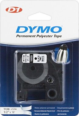 DYMO D1 mrktejp perm polyester 12mm, svart p vitt, 5.5m rulle