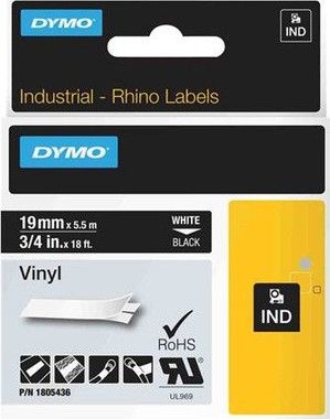 DYMO RhinoPRO 19mm vinyltejp, vit p svart, 5.5m rulle