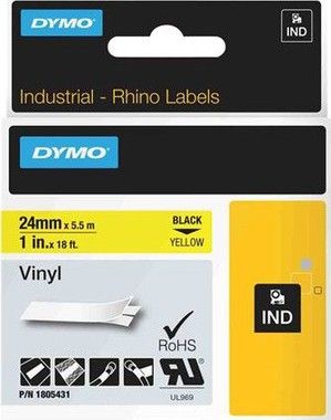 DYMO RhinoPRO 24mm vinyltejp, svart p gul, 5.5m rulle