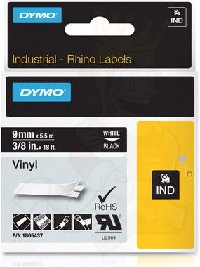 DYMO RhinoPRO 9mm vinyltejp, vit p svart, 5.5m rulle