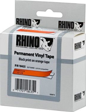 DYMO RhinoPRO mrktejp perm vinyl 12mm, svart p orange, 5.5m rulle