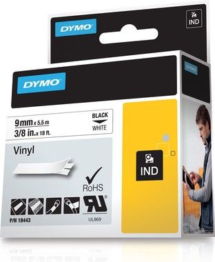 DYMO RhinoPRO mrktejp perm vinyl 9mm, svart p vitt, 5.5m rulle